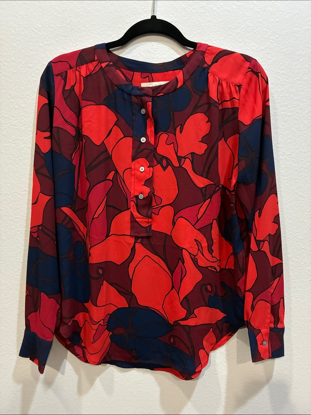 LOFT Rust, Red and Navy Floral Henley Blouse